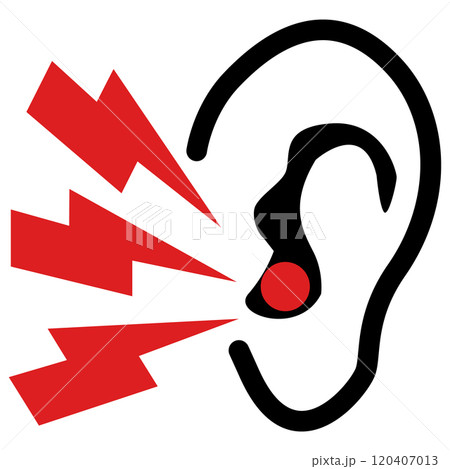 Earache icon. Otitis sign. Hearing problem with pain symbol. flat style. Earache icon. Otitis sign. Hearing problem with pain symbol. flat style. 120407013