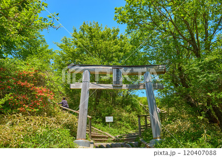 春の群馬県 榛名山ロープウェイ山頂駅にある富士山神社鳥居 春の群馬県 榛名山ロープウェイ山頂駅にある富士山神社鳥居 120407088