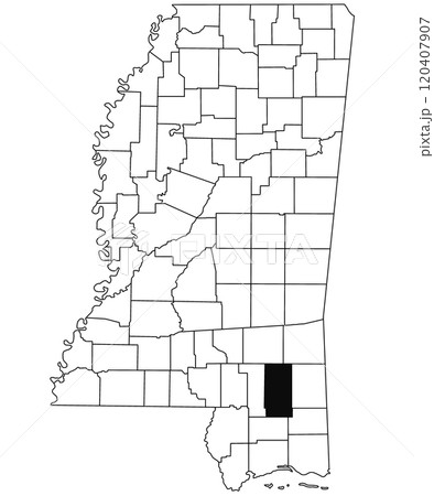 Map of Perry County in Mississippi state on white background. single County map highlighted by black colour on Mississippi map. United States of America, US 120407907