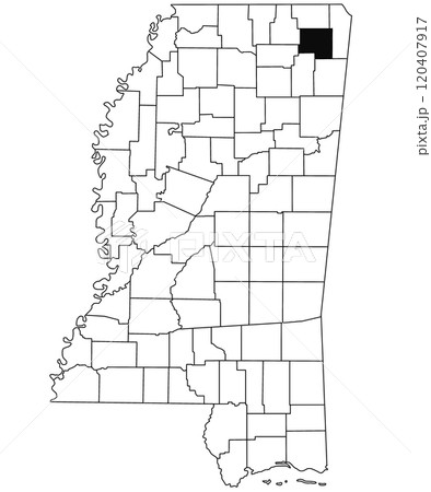 Map of Prentiss County in Mississippi state on white background. single County map highlighted by black colour on Mississippi map. United States of America, US 120407917