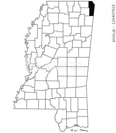 Map of tishomingo County in Mississippi state on white background. single County map highlighted by black colour on Mississippi map. United States of America, US 120407918
