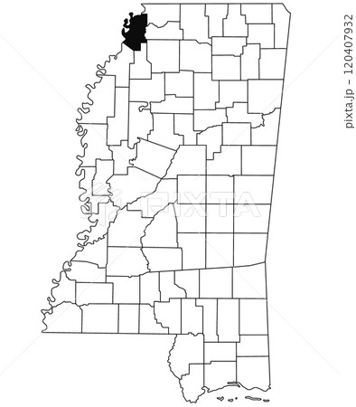 Map of tunica County in Mississippi state on white background. single County map highlighted by black colour on Mississippi map. United States of America, US Map of tunica County in Mississippi state on white background. single County map highlighted by black colour on Mississippi map. United States of America, US 120407932