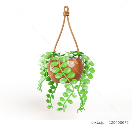 3d house plant in flower hanging pot for home interior decor. Green long creeper branches with leaves, biophilia, ivy vines or ragwort. Climbing plant, isolated cartoon render icon. 3D illustration 3d house plant in flower hanging pot for home interior decor. Green long creeper branches with leaves, biophilia, ivy vines or ragwort. Climbing plant, isolated cartoon render icon. 3D illustration 120408073