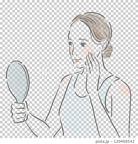 Young woman with healthy skin and smiling, holding a hand mirror 120408542