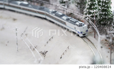 Miniature Model Train in a Snowy Diorama 120408614