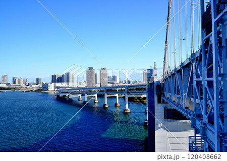 レインボーブリッジ北ルート遊歩道から見るレインボーブリッジと有明・晴海・芝浦の風景 120408662