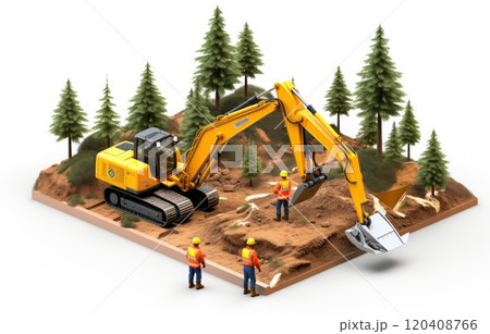 land development concept backhoe clearing in forest isometric and enginneer working with worker , Minimalist land development concept backhoe clearing in forest isometric and enginneer working with worker , Minimalist 120408766