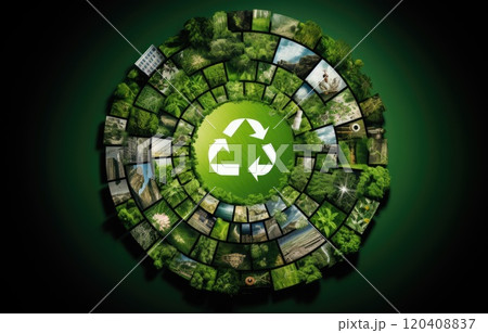 The green globe with circular economy icons, economy for future growth of business and environment sustainable.Net zero and carbon The green globe with circular economy icons, economy for future growth of business and environment sustainable.Net zero and carbon 120408837