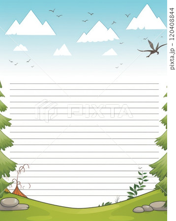 Sheet template for notebook, dinosaurs in the forest, Cartoon, notepad, diary. Lined paper. Cute character. With a color image. 120408844