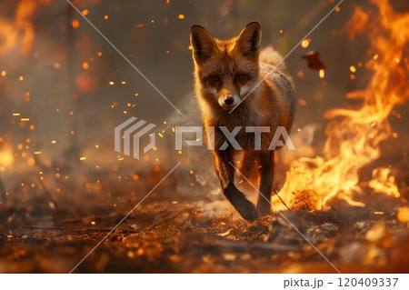 Fox bravely runs away from a forest fire Fox bravely runs away from a forest fire 120409337