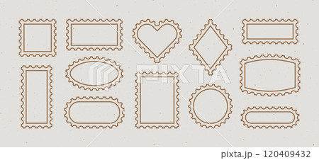 Postal Stamp Vector Outline Frames Set. Postage Shapes Border. Line Icons Postmark Template is Different Forms Rhomb, Rectangle, Oval, Circle, Heart For Letter, Post Card, Web Design. Postal Stamp Vector Outline Frames Set. Postage Shapes Border. Line Icons Postmark Template is Different Forms Rhomb, Rectangle, Oval, Circle, Heart For Letter, Post Card, Web Design. 120409432