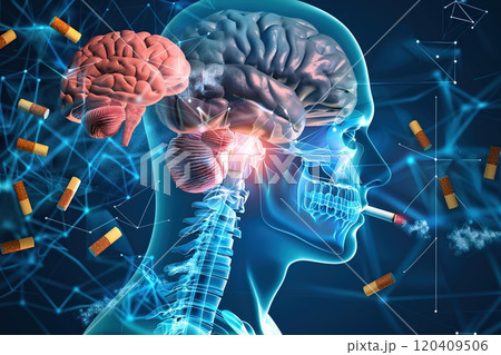 Conceptual image of smoke entering the human body. The harmful effects of nicatine on all internal organs. Campaign to stop smoking or living in a polluted area. Health and life concept. Copy space Conceptual image of smoke entering the human body. The harmful effects of nicatine on all internal organs. Campaign to stop smoking or living in a polluted area. Health and life concept. Copy space 120409506
