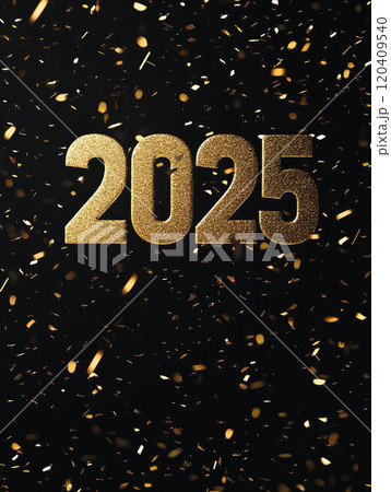 Celebratory new year 2025 with sparkling gold numbers on black background Celebratory new year 2025 with sparkling gold numbers on black background 120409540