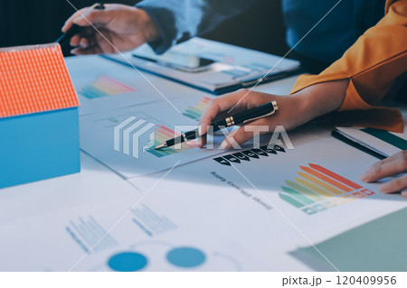 ESG environmental social governance display on laptop on eco-friendly company meeting with business people implementing environmental protection for clean and sustainable future ecology. Trailblazing ESG environmental social governance display on laptop on eco-friendly company meeting with business people implementing environmental protection for clean and sustainable future ecology. Trailblazing 120409956