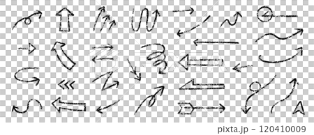 A set of hand-drawn black arrows vector illustrations. A set of hand-drawn arrows that look like they were drawn with pastels, crayons, or charcoal pencils. 120410009