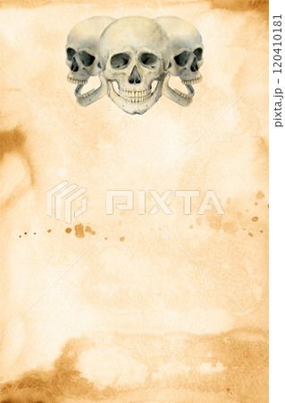 Old yellowed paper with skulls. Pirate manuscript with spots and stripes. Watercolor background with paint drips, imitation of old manuscript texture in sepia color. Blurred abstract background. Old yellowed paper with skulls. Pirate manuscript with spots and stripes. Watercolor background with paint drips, imitation of old manuscript texture in sepia color. Blurred abstract background. 120410181