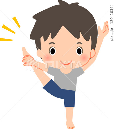 Y字バランスのポーズをとる笑顔の男性 120410344