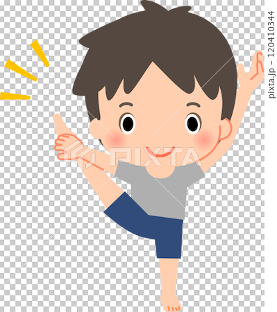 Y字バランスのポーズをとる笑顔の男性 120410344