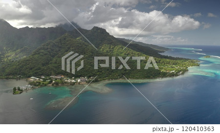 Aerial panorama of Moorea island in French Polynesia, showing green forest covering volcanic mountains, turquoise lagoon water, coral reef and small marina with sailboats. Remote wild nature paradise Aerial panorama of Moorea island in French Polynesia, showing green forest covering volcanic mountains, turquoise lagoon water, coral reef and small marina with sailboats. Remote wild nature paradise 120410363
