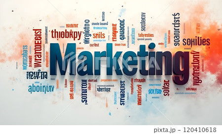 Creative marketing concepts represented through colorful text and visuals in a dynamic layout Creative marketing concepts represented through colorful text and visuals in a dynamic layout 120410618