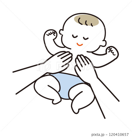 気持ちよさそうな表情でマッサージをされている赤ちゃんの線画 気持ちよさそうな表情でマッサージをされている赤ちゃんの線画 120410657