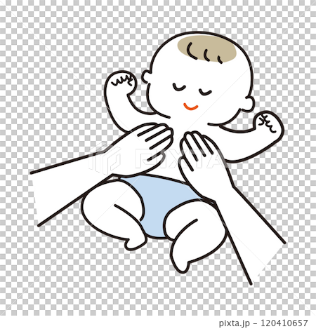 気持ちよさそうな表情でマッサージをされている赤ちゃんの線画 気持ちよさそうな表情でマッサージをされている赤ちゃんの線画 120410657