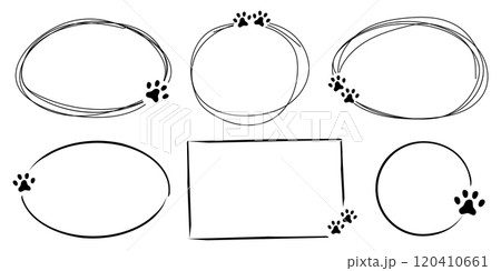 Line frame with cute pet foot print stamp, pawprint decoration. Cat or dog paw doodle border. Hand drawn sketch. Line frame with cute pet foot print stamp, pawprint decoration. Cat or dog paw doodle border. Hand drawn sketch. 120410661