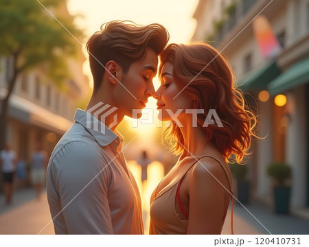 Couple sharing a romantic moment during sunset on a charming city street in a warm atmosphere 120410731