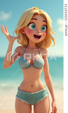 Cartoon girl in a bikini waving at the beach on a sunny day by the ocean Cartoon girl in a bikini waving at the beach on a sunny day by the ocean 120410733