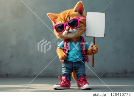 Cute orange cat wearing sunglasses and holding a sign in a casual outfit stands confidently indoors Cute orange cat wearing sunglasses and holding a sign in a casual outfit stands confidently indoors 120410779