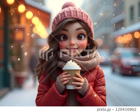 Young girl enjoys hot beverage while walking in snowy street with festive decorations in winter atmosphere 120410902