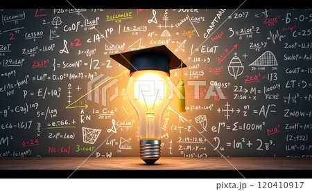 Bright ideas illuminate learning with a graduation cap on a light bulb against a chalkboard full of equations 120410917