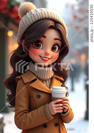 Young woman enjoying coffee outdoors in winter attire on a bustling street decorated for the holidays Young woman enjoying coffee outdoors in winter attire on a bustling street decorated for the holidays 120410930