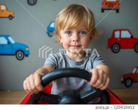 Child enjoys playtime in a bright room with colorful car decorations and a toy vehicle Child enjoys playtime in a bright room with colorful car decorations and a toy vehicle 120410952