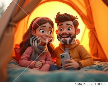 Couple enjoys cozy moments inside a tent while sharing laughter and fun on a smartphone in nature Couple enjoys cozy moments inside a tent while sharing laughter and fun on a smartphone in nature 120410962