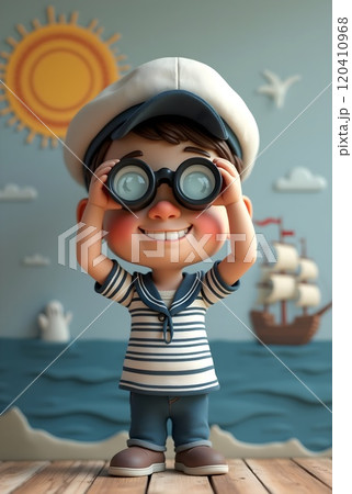 Joyful child in sailor outfit using binoculars by the sea with a ship in the background and a sunny sky Joyful child in sailor outfit using binoculars by the sea with a ship in the background and a sunny sky 120410968