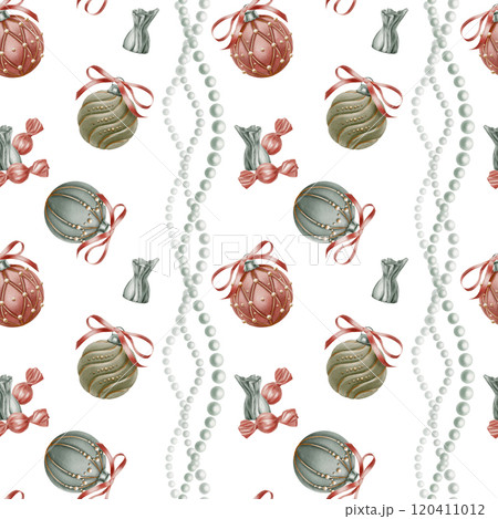 Christmas seamless pattern with vertical waves of pearl beads,Christmas tree balls in velvet with ribbons bows and caramel and chocolate candies.Hand-drawn illustrations on white for wrapping Christmas seamless pattern with vertical waves of pearl beads,Christmas tree balls in velvet with ribbons bows and caramel and chocolate candies.Hand-drawn illustrations on white for wrapping 120411012