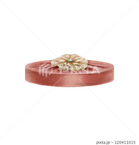 Vintage style round lid from hat box covered in red velvet decorated with lace bow broochfor.As a symbol of gifts,of Christmas,birthday and holiday.Watercolor illustration isolated on white background Vintage style round lid from hat box covered in red velvet decorated with lace bow broochfor.As a symbol of gifts,of Christmas,birthday and holiday.Watercolor illustration isolated on white background 120411015