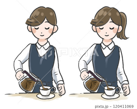 コーヒーを注ぐ男女 120411069