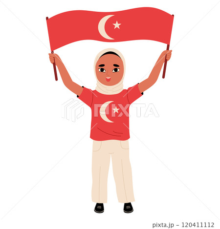 Cute little Muslim kid holding Turkish flag. Turkish Children's Day Cute little Muslim kid holding Turkish flag. Turkish Children's Day 120411112