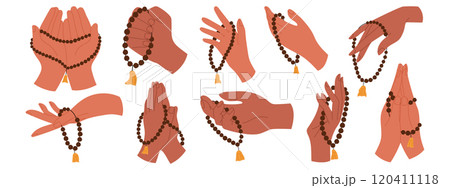 Set of hand drawn hands holding Muslim rosary beads. Vector illustration Set of hand drawn hands holding Muslim rosary beads. Vector illustration 120411118