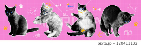 Vector set of halftone cats with naive doodle elements. Contemporary collage for design template. Vector set of halftone cats with naive doodle elements. Contemporary collage for design template. 120411132