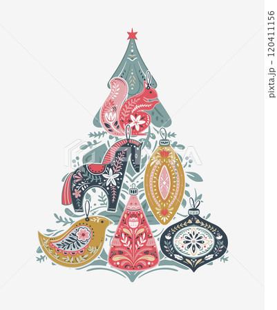 Vector Christmas composition with hand drawn holiday elements, snowflakes. Scandinavian folk ornament. Vector Christmas composition with hand drawn holiday elements, snowflakes. Scandinavian folk ornament. 120411156