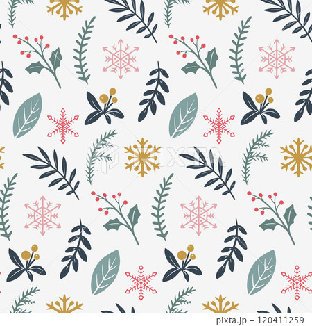 Vector Christmas seamless pattern with hand drawn winter plants,, snowflakes. Vector endless background of new year symbols in modern graphic style 120411259