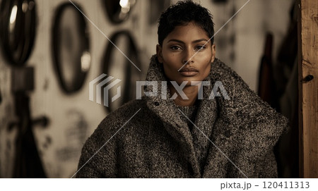 Moody Portrait of Woman in Oversized Stylish Coat with Short Hair in Urban Setting 120411313