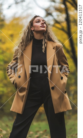 Confident Woman in Autumn Park Wearing Stylish Camel Coat 120411317
