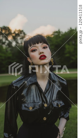 Bold Fashion Portrait with Dramatic Makeup in Nature 120411318