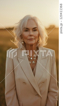 Elegant Senior Woman in Sunlit Field 120411368