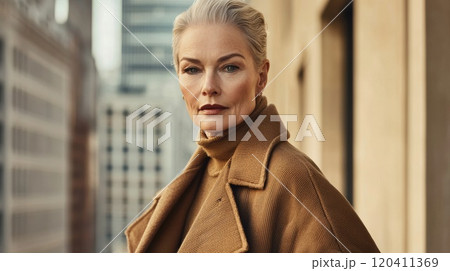 Elegant Mature Woman in Sophisticated Urban Setting 120411369