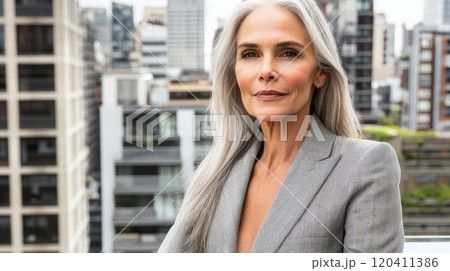 Elegant Mature Professional Businesswoman Posing on Urban Balcony with Cityscape Background Elegant Mature Professional Businesswoman Posing on Urban Balcony with Cityscape Background 120411386